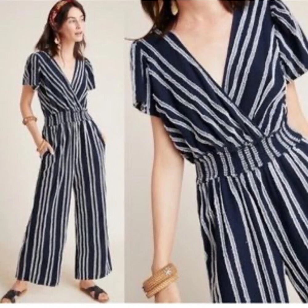 Anthropologie Dolan Canovas Striped Jumpsuit Navy Blue White Pockets Sz Sm